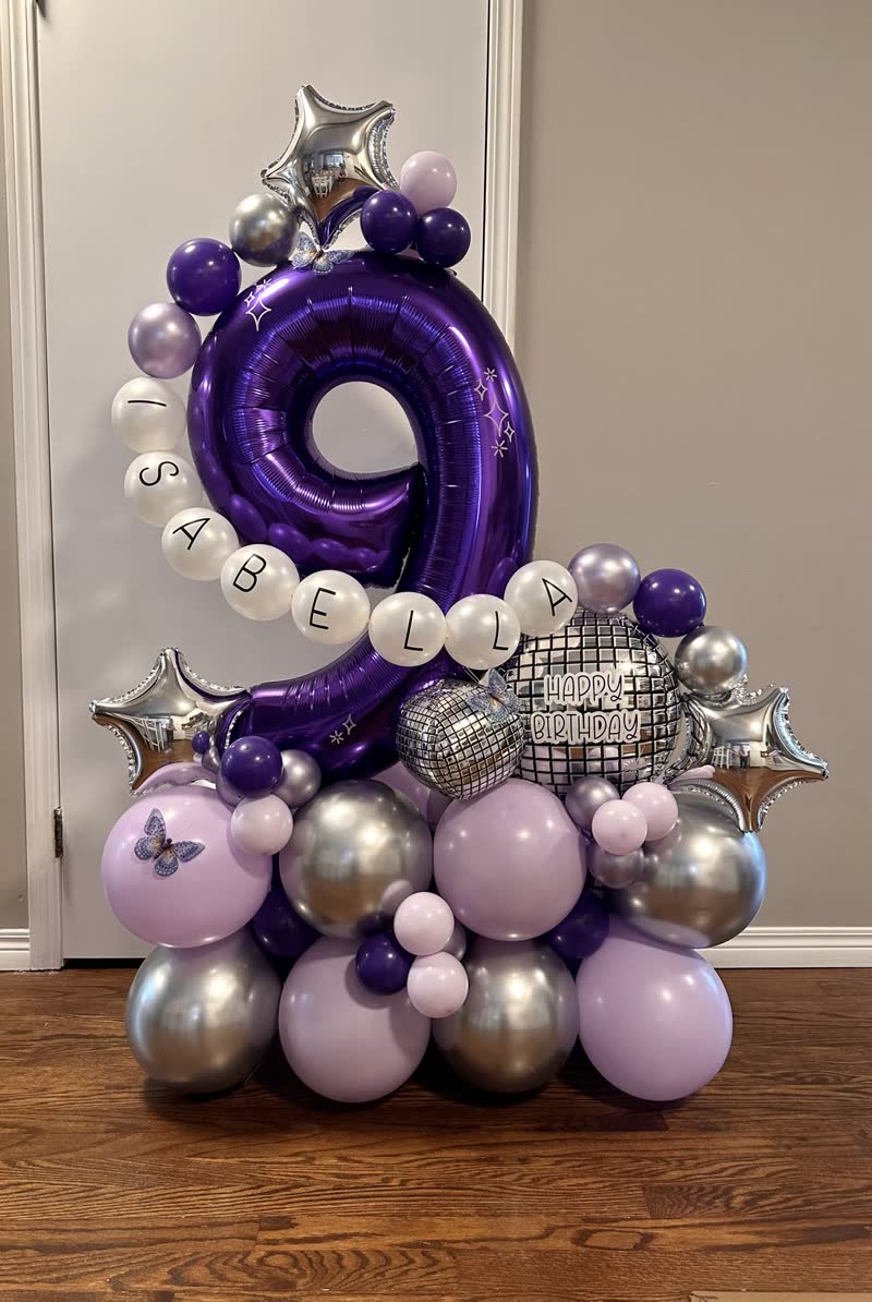 Purple balloon number stack with custom name balloons, Winnipeg